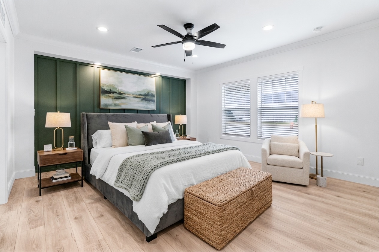 The same bedroom virtually staged with a bed, nightstands and an armchair